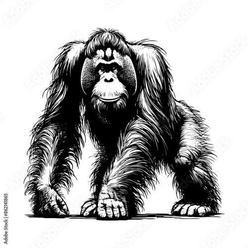 orangutan in black and white animal drawing,