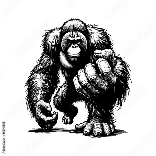 orangutan in black and white animal drawing,