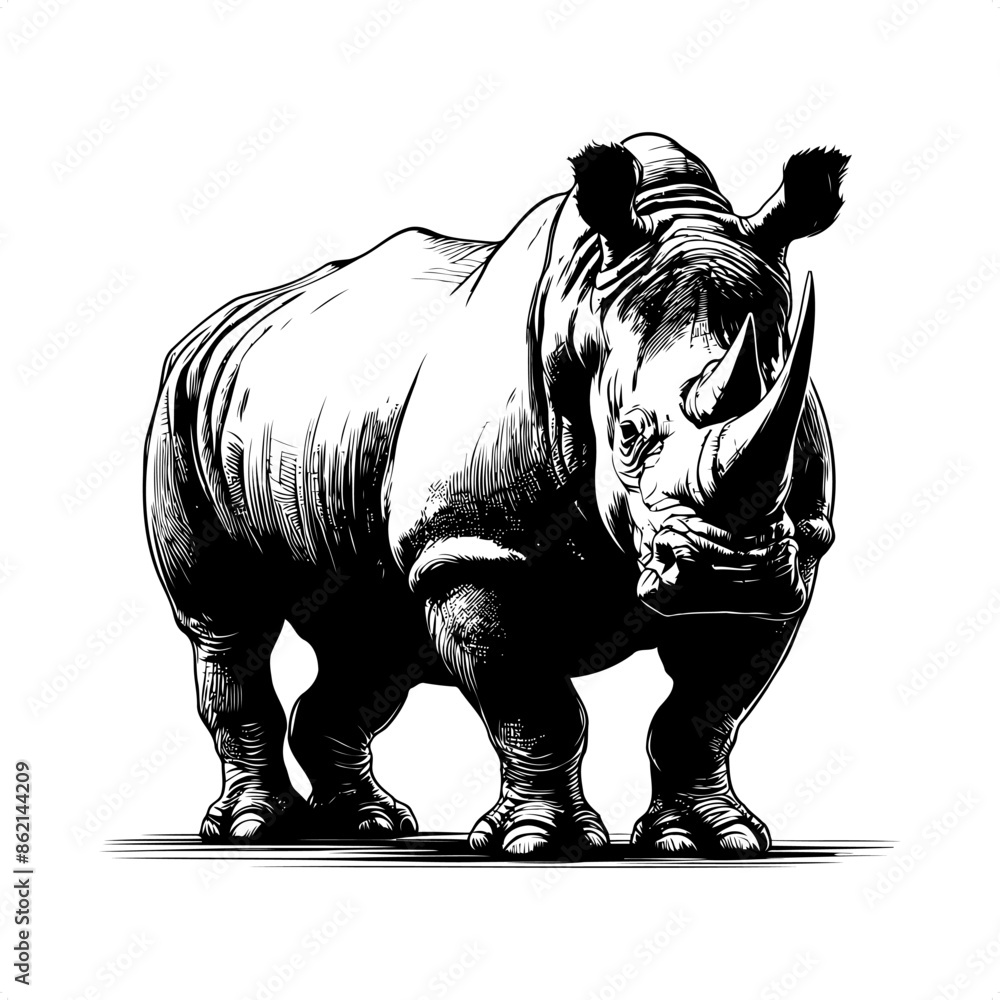 Fototapeta premium Rhinoceros in black and white animal drawing,