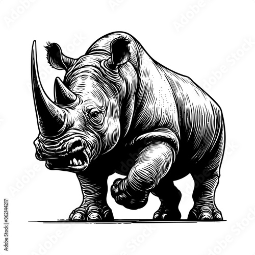 Rhinoceros in black and white animal drawing,