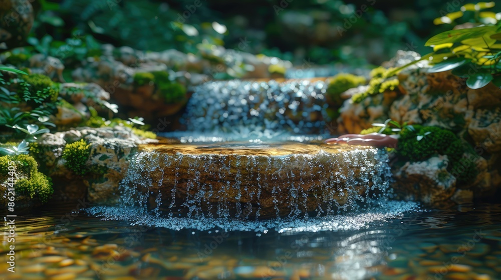 Fototapeta premium Water from tab pouring in hand on nature background, Concept for save water,conservative environment 