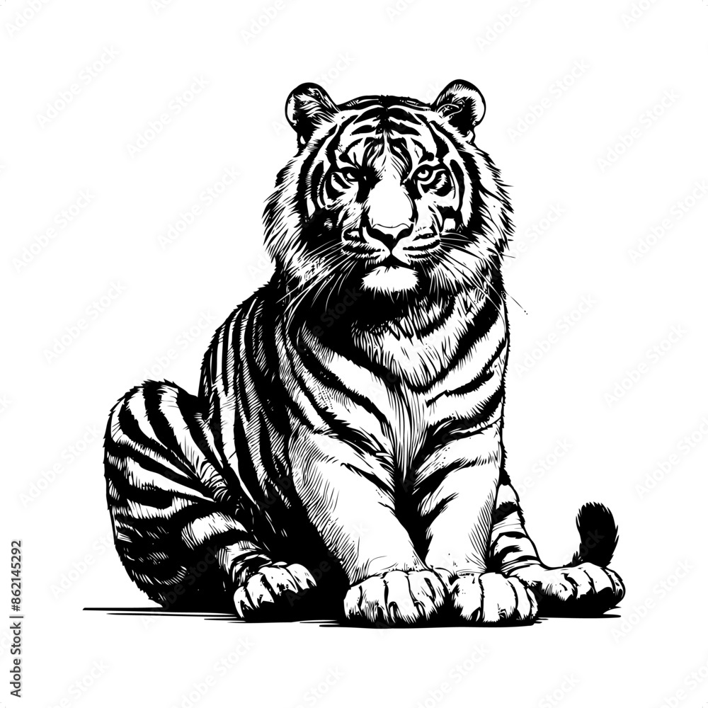 Tiger in black and white animal drawing, Tiger in black and white animal drawing,