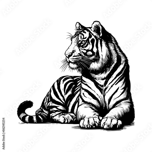 Tiger in black and white animal drawing,