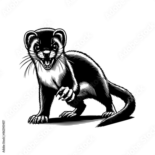 Weasel in black and white animal drawing,