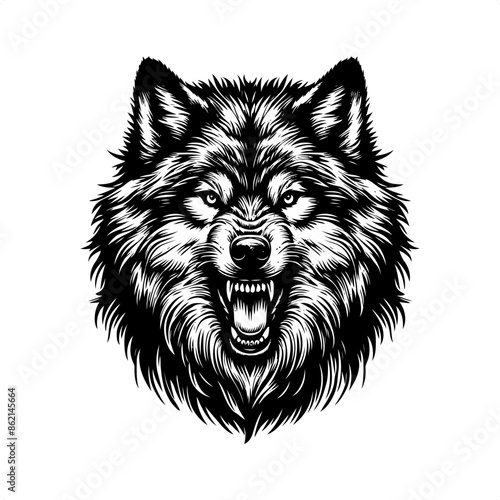 Wolf in black and white animal drawing,