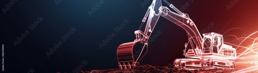 Abstract digital illustration featuring a futuristic excavator in a glowing, holographic style against a dark background. Abstract digital illustration featuring a futuristic excavator in a glowing, holographic style against a dark background.