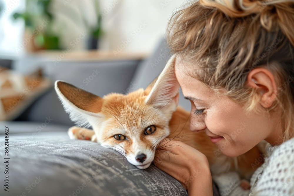 Woman hugging fennec fox in home living room. Woman hugging fennec fox in home living room.