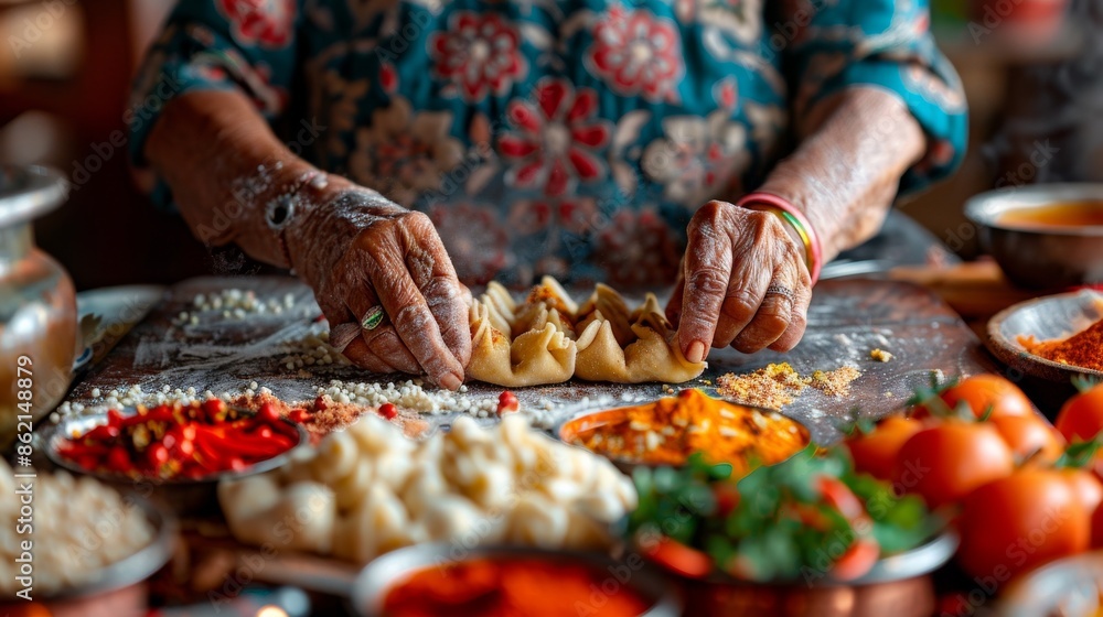 Elderly woman shaping dough in a colorful kitchen filled with fresh ingredients and vibrant decor. Elderly woman shaping dough in a colorful kitchen filled with fresh ingredients and vibrant decor.