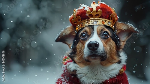 'wearing costume pretty dog corgi crown space copy background white cute royal animal royals king queen mantle puppy cardigan welsh pet funny wear gold decorated stone ermine adorable fun happy face'  photo