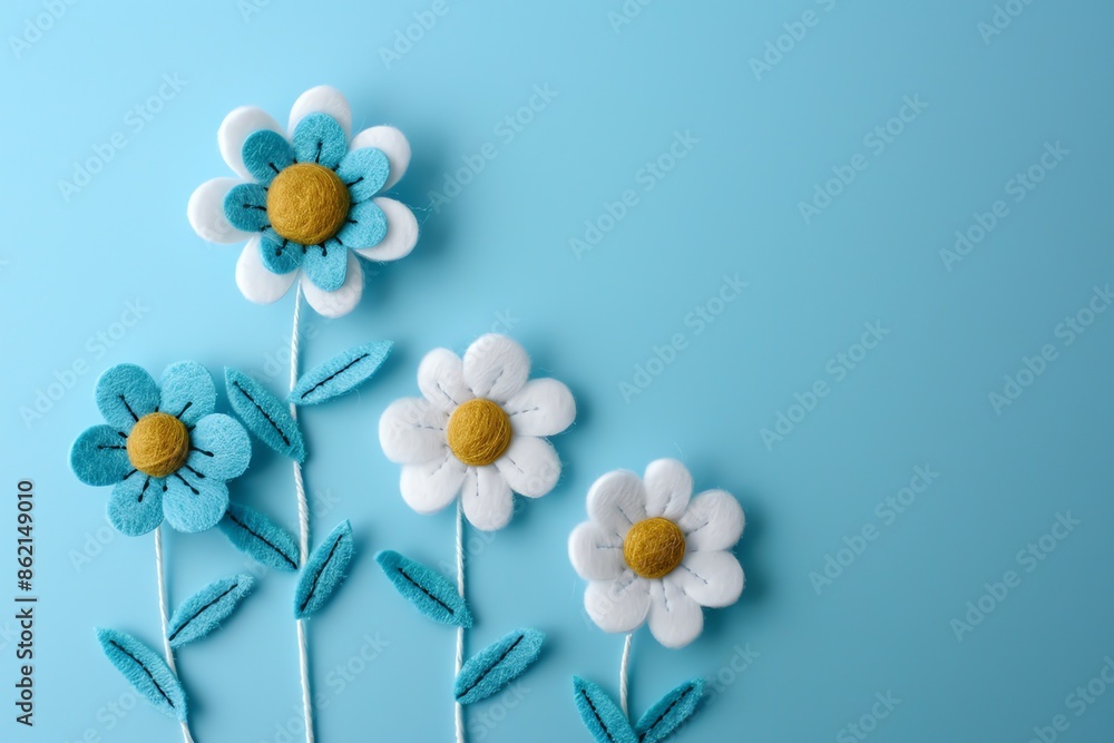 Obraz premium embroidered of cute flowers handmade colors cute, art, design, cute, embroidery, handmade, illustration, decoration, vector, pattern, fashion, blue Background
