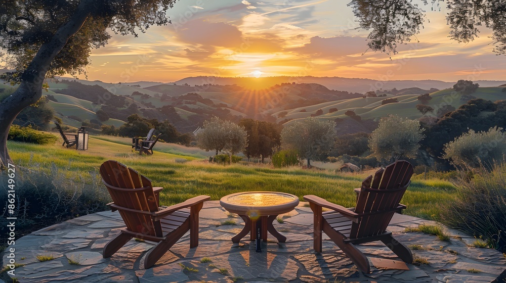A beautiful sunset view from the back patio of an elegant home in sunny California, overlooking rolling hills and lush green grass with two Adirondack chairs placed on stone slabs facing part of natur A beautiful sunset view from the back patio of an elegant home in sunny California, overlooking rolling hills and lush green grass with two Adirondack chairs placed on stone slabs facing part of natur