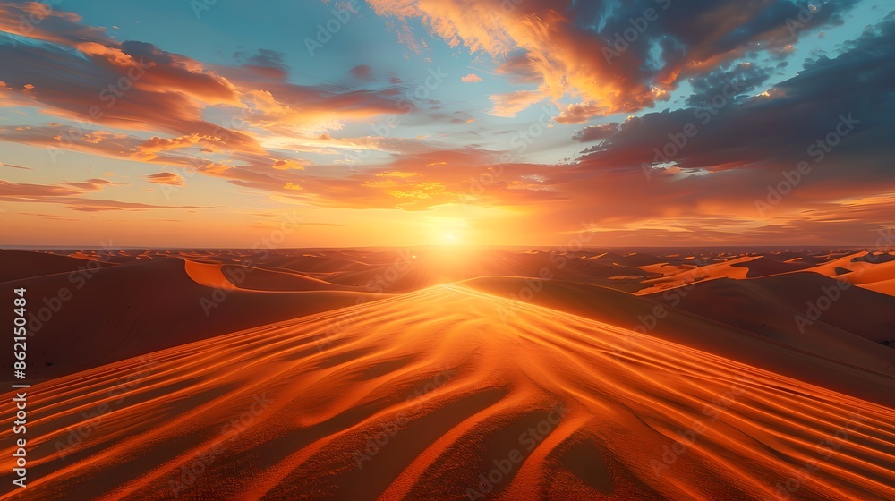 A breathtaking view of the desert dunes at sunset, with golden sand ripples under a sky painted in hues of orange and blue. it sets behind the horizon, an atmosphere both majestic and serene. A breathtaking view of the desert dunes at sunset, with golden sand ripples under a sky painted in hues of orange and blue. it sets behind the horizon, an atmosphere both majestic and serene.