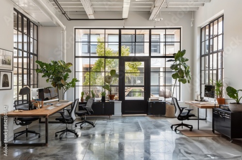 Modern Industrial Office Workspace With Natural Light and Greenery