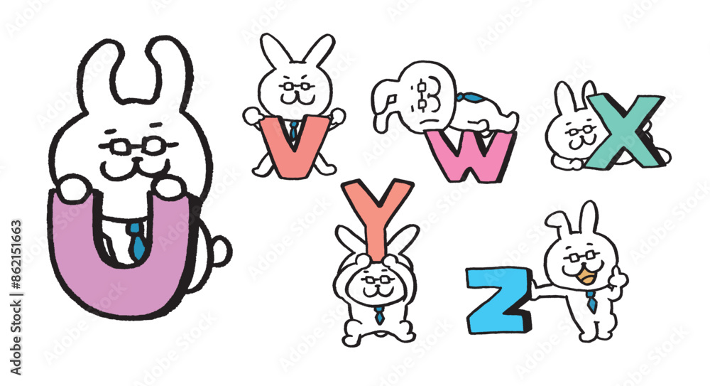 Fototapeta premium ネクタイとメガネを付けた先生風のうさぎのキャラ素材