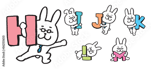 ネクタイとメガネを付けた先生風のうさぎのキャラ素材