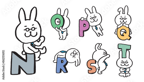 ネクタイとメガネを付けた先生風のうさぎのキャラ素材