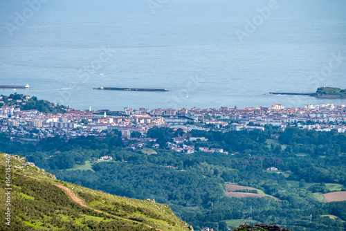 Travelling by old wooden train up to Larrun or La Rhune, Larhune mountain at the western end of the Pyrenees located on border of France and Spain, in traditional Basque provinces Labourd and Navarra photo