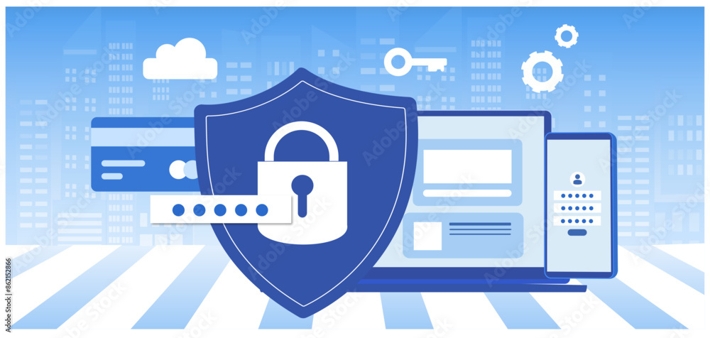 Cyber security and data protection privacy, PDPA concept. Businessman secure data management and protect data from hacker attacks and padlock icon to internet technology networking vector illustratio