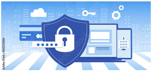 Cyber security and data protection privacy, PDPA concept. Businessman secure data management and protect data from hacker attacks and padlock icon to internet technology networking vector illustratio