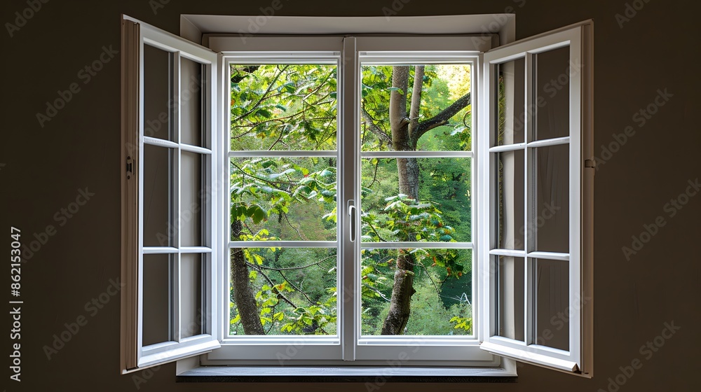 Fototapeta premium An aluminum window with white trim and clear glass, centered on the frame. The background is dark brown walls, and there's green trees outside the window. no furniture in front or behind it.