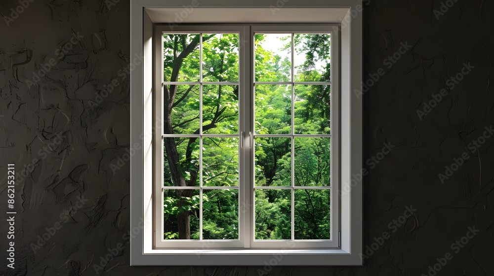Fototapeta premium An aluminum window with white trim and clear glass, centered on the frame. The background is dark brown walls, and there's green trees outside the window. no furniture in front or behind it.