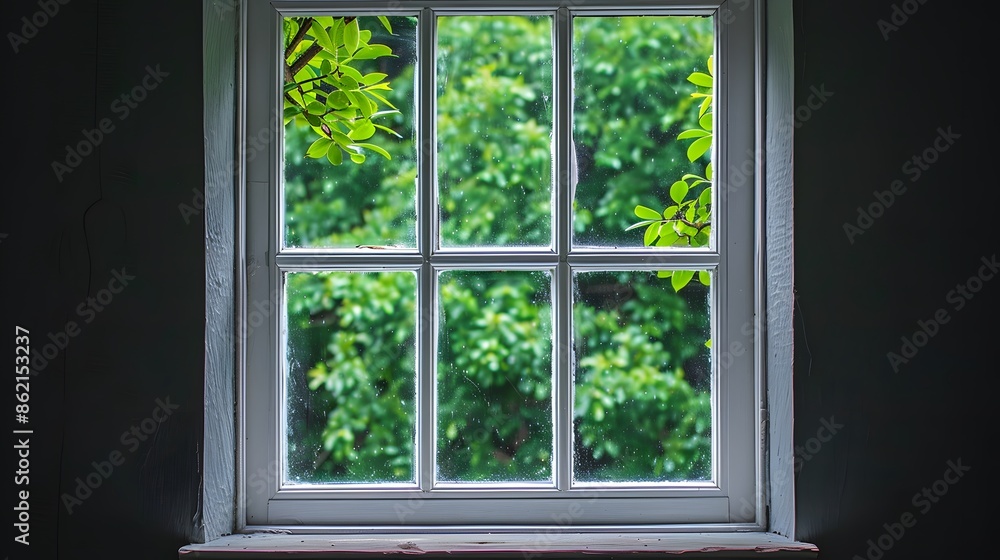 An aluminum window with white trim and clear glass, centered on the frame. The background is dark brown walls, and there's green trees outside the window. no furniture in front or behind it. An aluminum window with white trim and clear glass, centered on the frame. The background is dark brown walls, and there's green trees outside the window. no furniture in front or behind it.