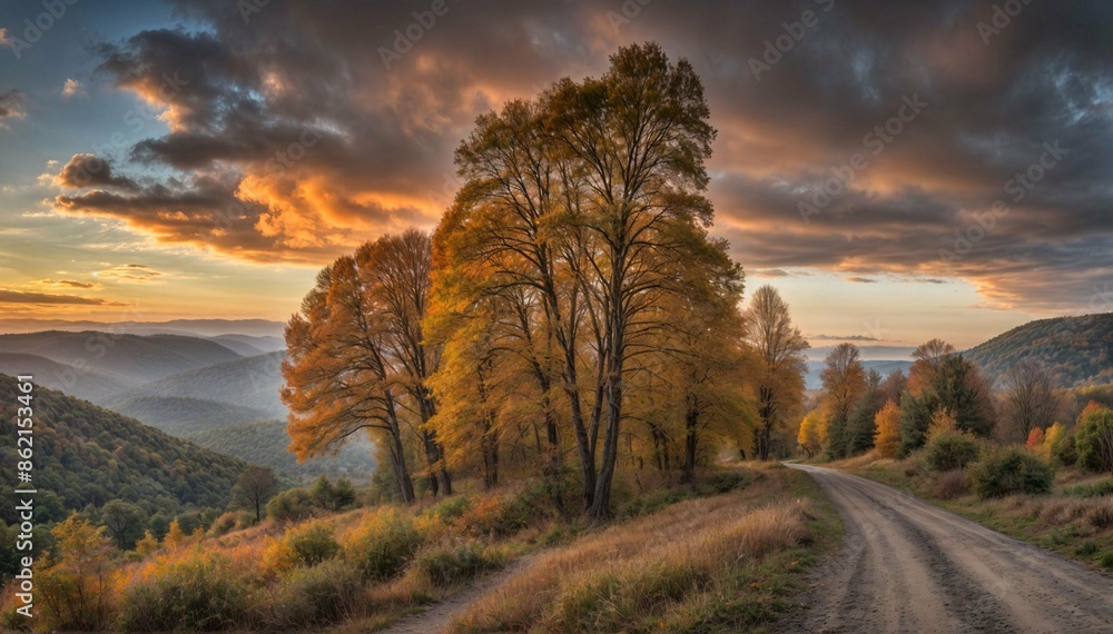 A beautiful autumn landscape with a winding dirt road, tall trees, and a dramatic sky. A beautiful autumn landscape with a winding dirt road, tall trees, and a dramatic sky.