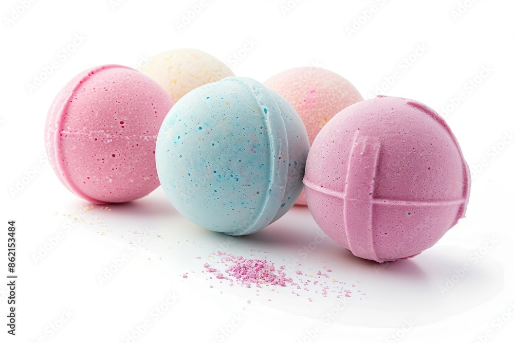 a bath bomb set, essential spa product, assorted colors and scents, isolated on white background a bath bomb set, essential spa product, assorted colors and scents, isolated on white background