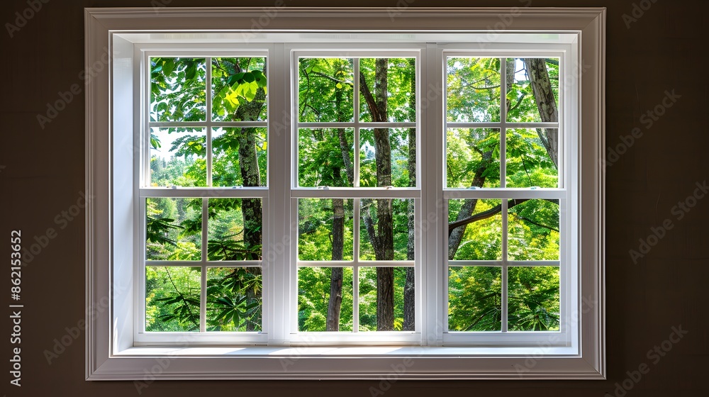Fototapeta premium An aluminum window with white trim and clear glass, centered on the frame. The background is dark brown walls, and there's green trees outside the window. no furniture in front or behind it.