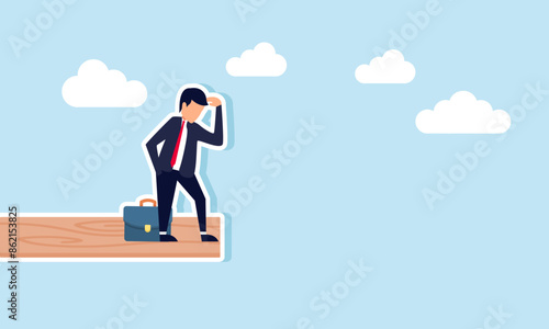Investment risk fear of losing money or debt payback during an economic recession, concept of A businessman stands on a high wooden platform in the sky, looking down with a fear of heights