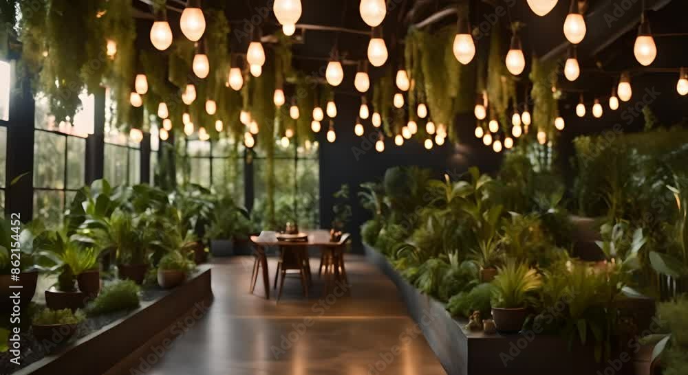 Lush garden with hanging lights and a calm natural atmosphere Lush garden with hanging lights and a calm natural atmosphere