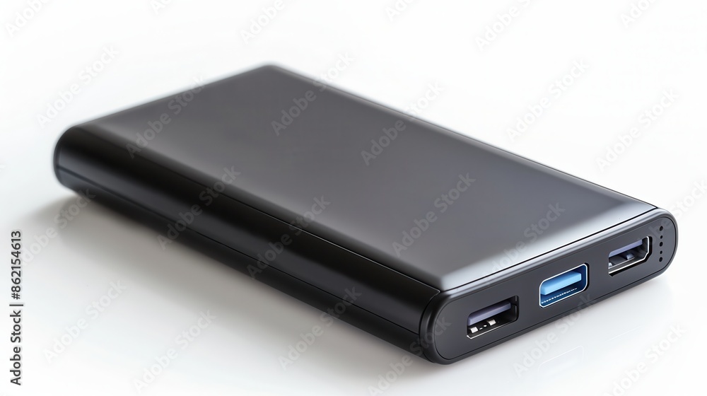 a portable charger, essential travel gadget, high capacity, black, isolated on white background