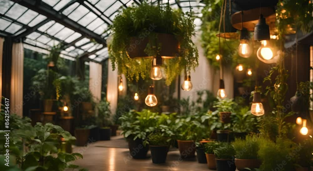 Lush garden with hanging lights and a calm natural atmosphere Lush garden with hanging lights and a calm natural atmosphere