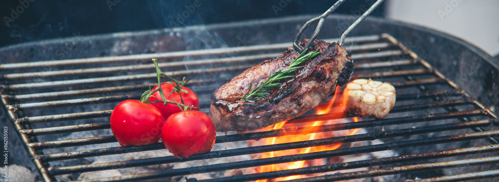 Banner BBQ Barbecue grilled meat stick on fire flame hot charcoal ...