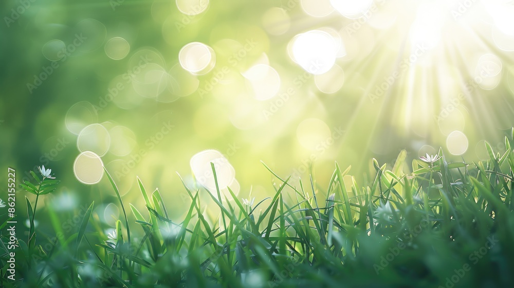 Obraz premium Blurred green grass with sunlight flares Bright bokeh Soft focus Abstract natural backdrop Vertical Out of focus