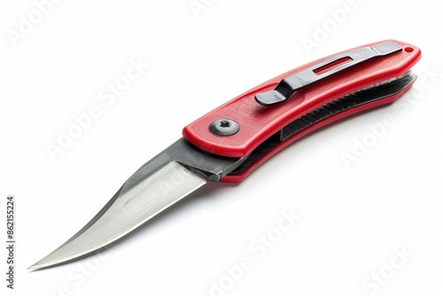 a utility knife, essential DIY tool, retractable blade, red handle, isolated on white background