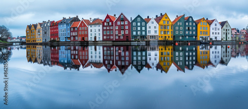 Row of colorful homes on a serene European lake, reflecting buildings perfectly in the water. 32k, full ultra HD, high resolution. © Rai