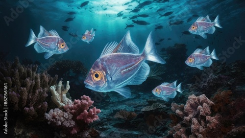 Bioluminescent Fish Glowing Amidst Coral Reefs, 3D Art, Iridescent Tones with Dramatic Backlighting, Shot from Below Showing the Ocean's Vastness