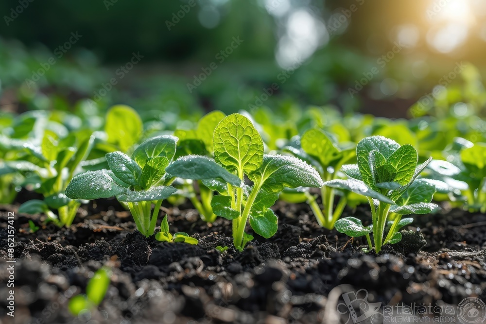This image captures young green plants sprouting from dark, fertile soil in a field, basking in the sunlight, representing growth, nature, and new beginnings. This image captures young green plants sprouting from dark, fertile soil in a field, basking in the sunlight, representing growth, nature, and new beginnings.