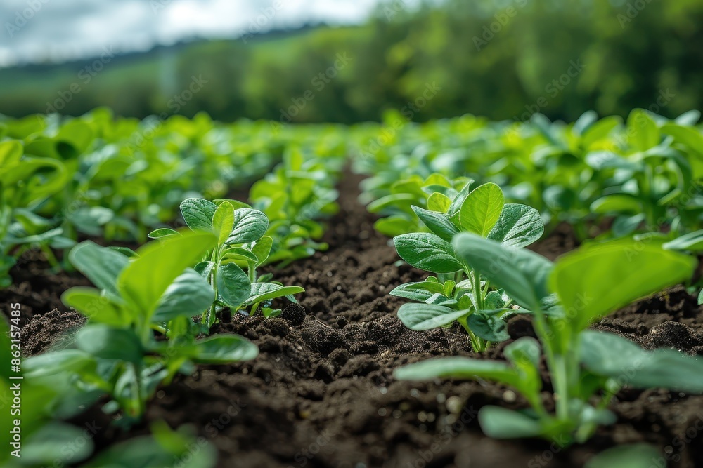 Rows of green seedlings growing in a field, an outdoor plantation area, capturing the resilience and hopeful growth of young plants in a natural and organic farming environment. Rows of green seedlings growing in a field, an outdoor plantation area, capturing the resilience and hopeful growth of young plants in a natural and organic farming environment.