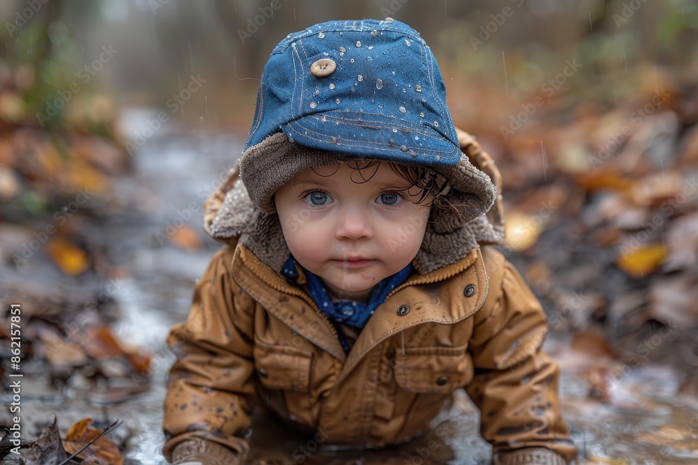 A cute baby with striking blue eyes, wearing a brown jacket and cap, playing in a rain-soaked outdoor setting, representing innocence, joy, and natural beauty. A cute baby with striking blue eyes, wearing a brown jacket and cap, playing in a rain-soaked outdoor setting, representing innocence, joy, and natural beauty.
