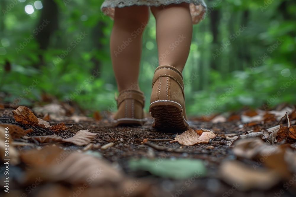 A child walking on a forest trail, captured from behind, wearing brown sandals, highlighting the simplicity and beauty of nature, exploration, and childhood adventures. A child walking on a forest trail, captured from behind, wearing brown sandals, highlighting the simplicity and beauty of nature, exploration, and childhood adventures.