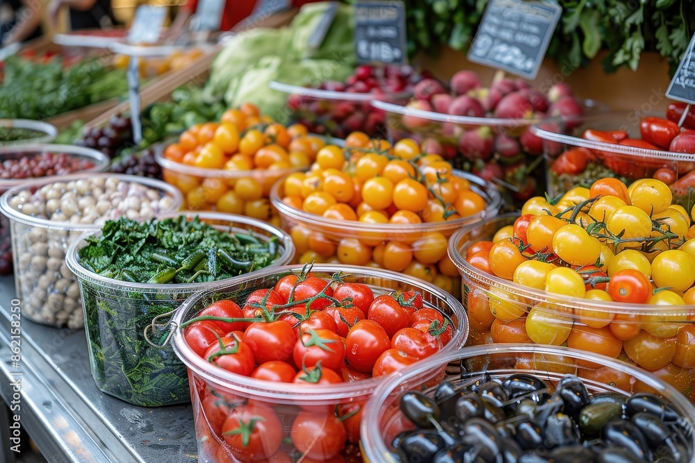 A bountiful display of various fresh produce neatly organized in plastic bowls at a market, featuring tomatoes, eggplants, greens, and peppers, showcasing the diversity and freshness of food. A bountiful display of various fresh produce neatly organized in plastic bowls at a market, featuring tomatoes, eggplants, greens, and peppers, showcasing the diversity and freshness of food.