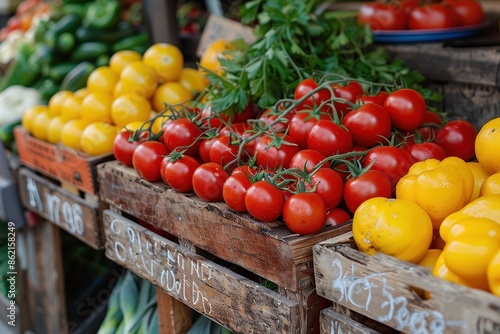 This image shows rows of fresh red and yellow tomatoes arranged beautifully in wooden crates at a market, with greens and other veggies visible in the background, ready for purchase. photo