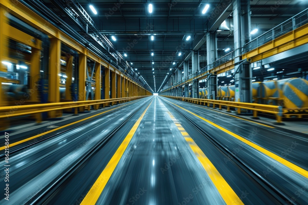 An expansive industrial warehouse featuring a linear arrangement of lights and polished concrete floors, showcasing an organized and structured environment highlighting the industrial design. An expansive industrial warehouse featuring a linear arrangement of lights and polished concrete floors, showcasing an organized and structured environment highlighting the industrial design.