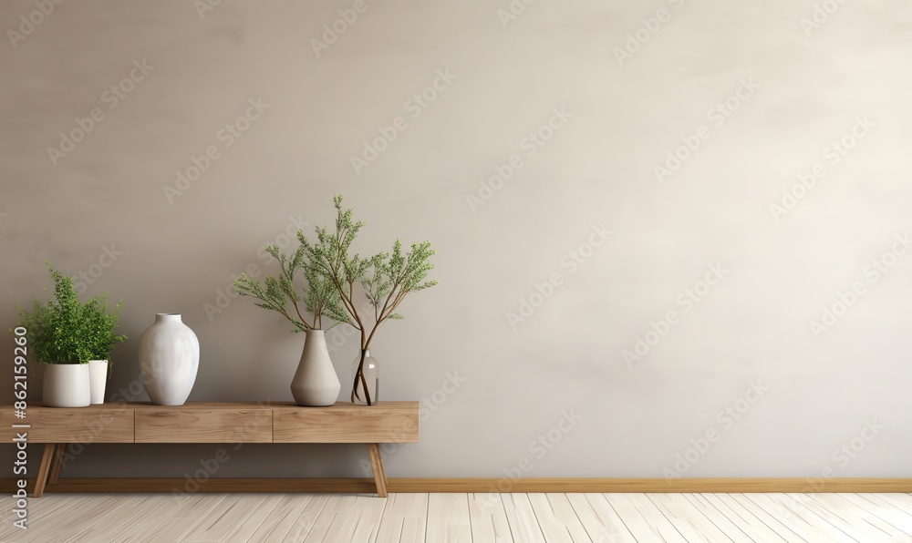 Minimalist Interior Design with Wooden Console and Plants Minimalist Interior Design with Wooden Console and Plants
