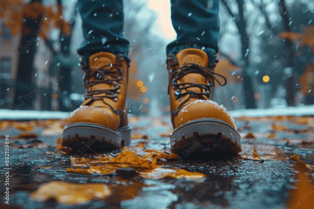 A close-up shot of sturdy boots standing firmly in a snow-dusted autumn street, representing a journey through different seasons, blending the elements of warmth and cold. A close-up shot of sturdy boots standing firmly in a snow-dusted autumn street, representing a journey through different seasons, blending the elements of warmth and cold.