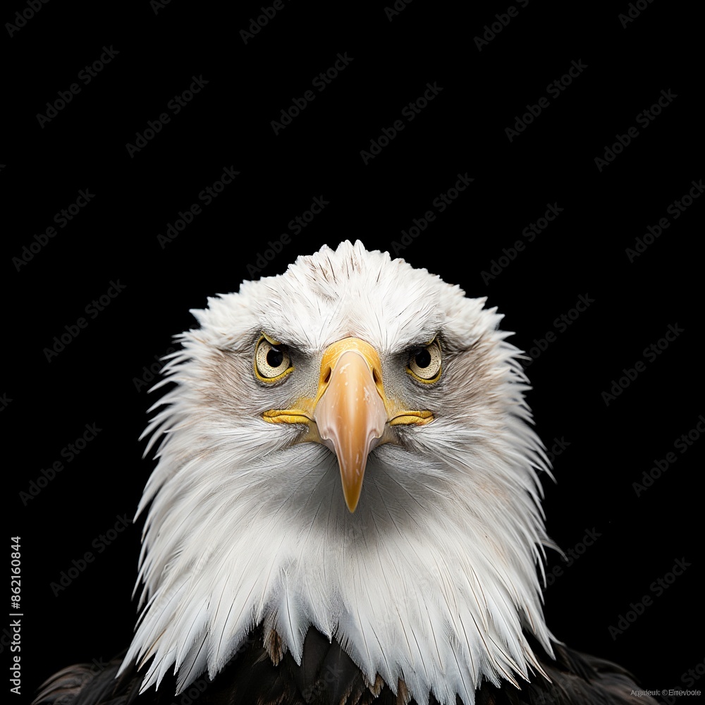 A frontal face portrait of a majestic Bald Eagle staring directly at the camera, showcasing its sharp eyes and detailed feathers against a black background. A frontal face portrait of a majestic Bald Eagle staring directly at the camera, showcasing its sharp eyes and detailed feathers against a black background.
