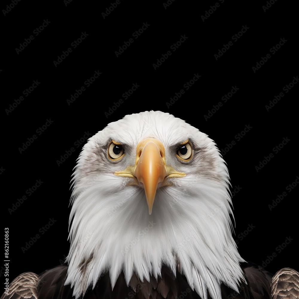 A detailed frontal face portrait of a Bald Eagle with sharp eyes and intricate feather details against a black background. A detailed frontal face portrait of a Bald Eagle with sharp eyes and intricate feather details against a black background.