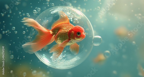 Goldfish Swimming in a Bubble in a Blue Tank